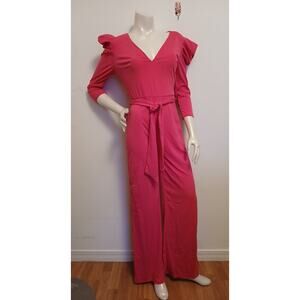 Mundefeis Raspberry Pink Jumpsuit Belted V Neckline Medium 3/4 Sleeve Stretchy